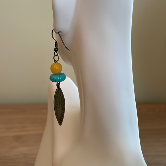 HAND CRAFTED BOHEMIAN BEADED EARRINGS Antique Brass Turquoise Yellow Chalcedony - Picture 5 of 14